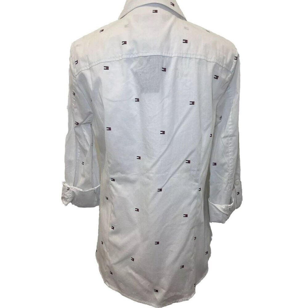 TOMMY HILFIGER Logo Women's White Collared Roll-Tab Button-Up Shirt Top Size S - Picture 3 of 7